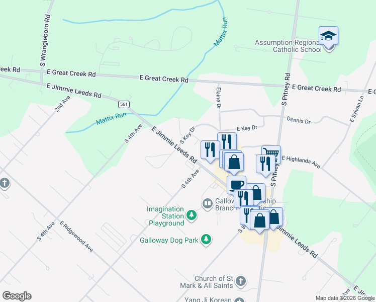 map of restaurants, bars, coffee shops, grocery stores, and more near 303 East Jimmie Leeds Road in Galloway