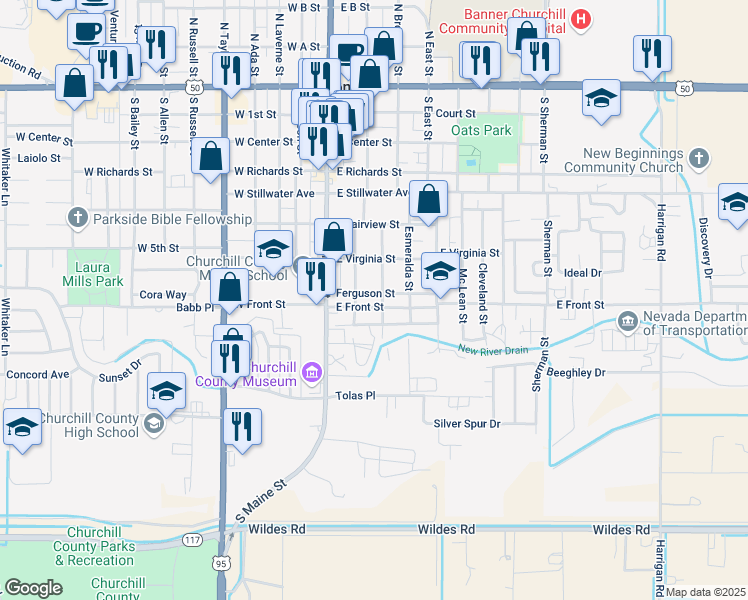 map of restaurants, bars, coffee shops, grocery stores, and more near 695 Douglas Street in Fallon