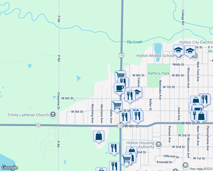 map of restaurants, bars, coffee shops, grocery stores, and more near 709 Idaho Avenue in Holton