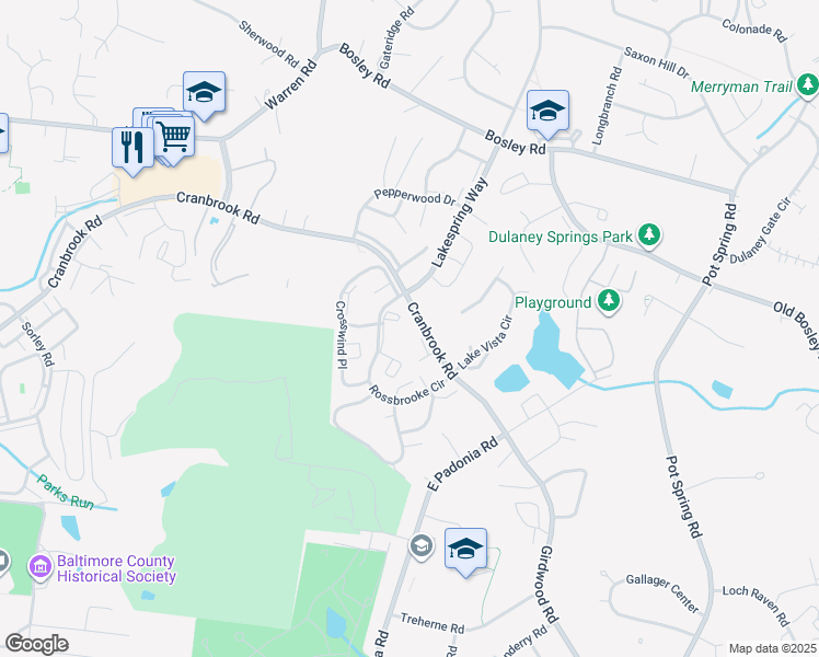 map of restaurants, bars, coffee shops, grocery stores, and more near 13 Windy Cliff Place in Cockeysville