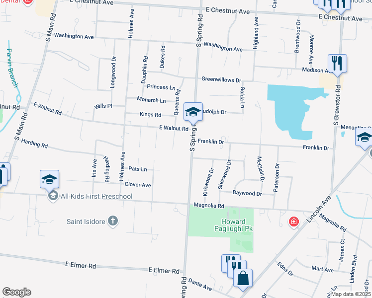 map of restaurants, bars, coffee shops, grocery stores, and more near 1145 Queens Road in Vineland