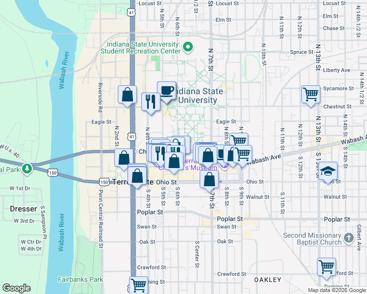 map of restaurants, bars, coffee shops, grocery stores, and more near 610 Cherry Street in Terre Haute