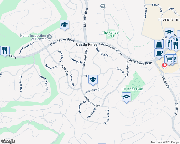 map of restaurants, bars, coffee shops, grocery stores, and more near 7233 Tenby Way in Castle Rock