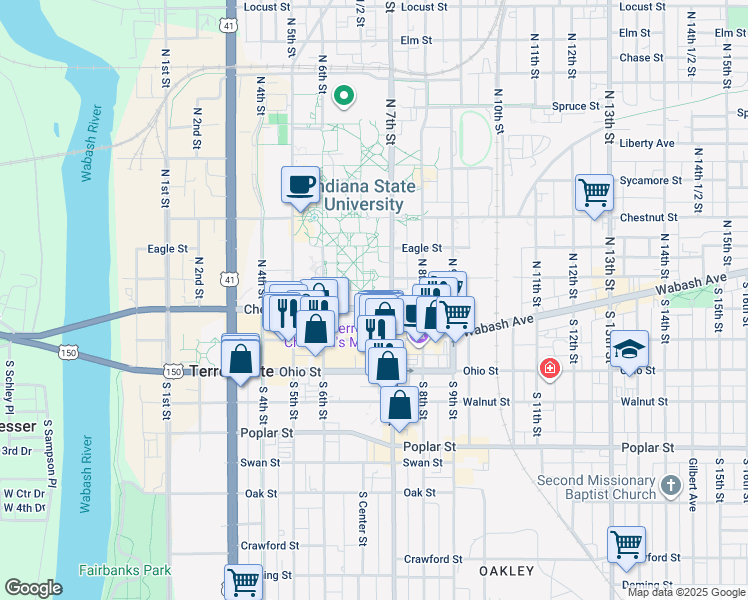 map of restaurants, bars, coffee shops, grocery stores, and more near 650 Cherry Street in Terre Haute