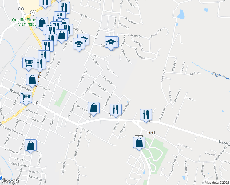 map of restaurants, bars, coffee shops, grocery stores, and more near 101 Monocacy Street in Martinsburg