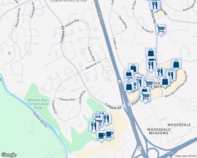 map of restaurants, bars, coffee shops, grocery stores, and more near 3455 Howell Court in Abingdon