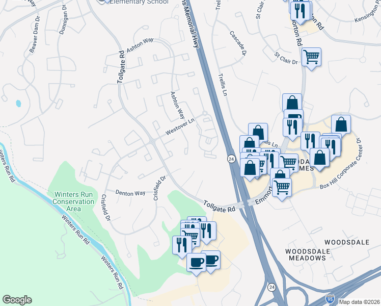 map of restaurants, bars, coffee shops, grocery stores, and more near 3455 Howell Court in Abingdon