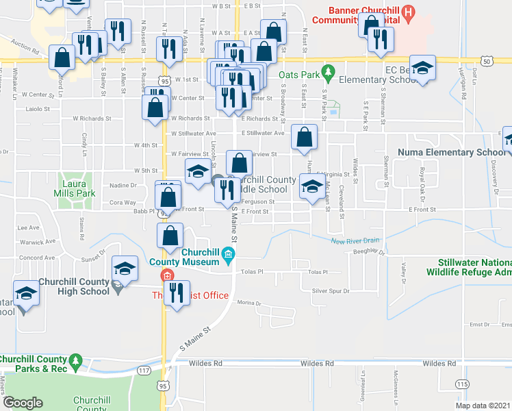 map of restaurants, bars, coffee shops, grocery stores, and more near 110 Ferguson Street in Fallon