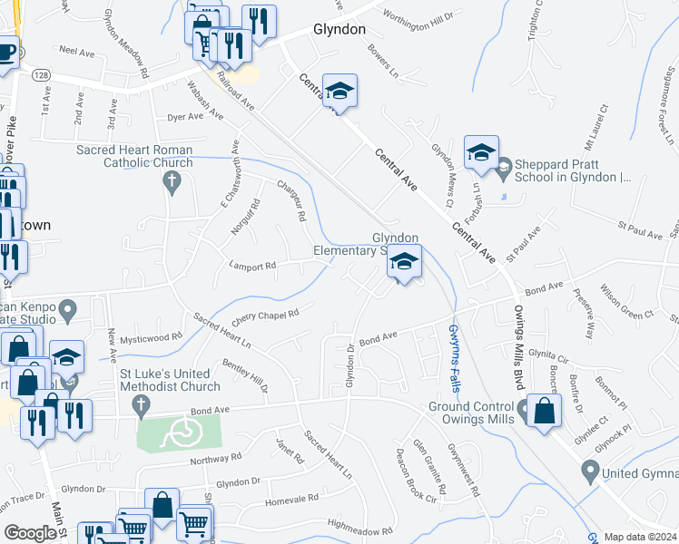 map of restaurants, bars, coffee shops, grocery stores, and more near 4 Cherry Tree Court in Reisterstown