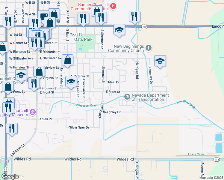 map of restaurants, bars, coffee shops, grocery stores, and more near 725 East Front Street in Fallon