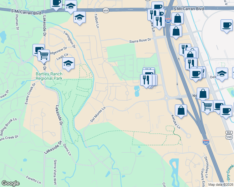 map of restaurants, bars, coffee shops, grocery stores, and more near 6125 Talbot Lane in Reno