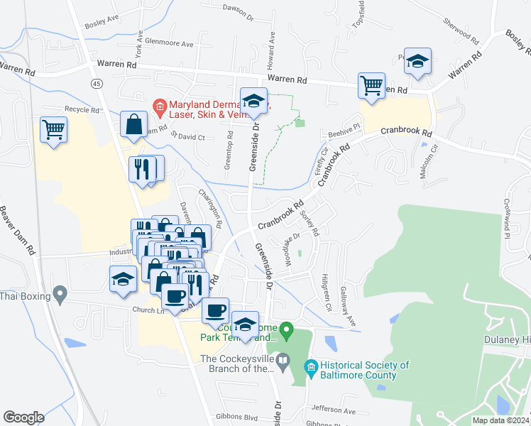 map of restaurants, bars, coffee shops, grocery stores, and more near 309 Wickersham Way in Cockeysville