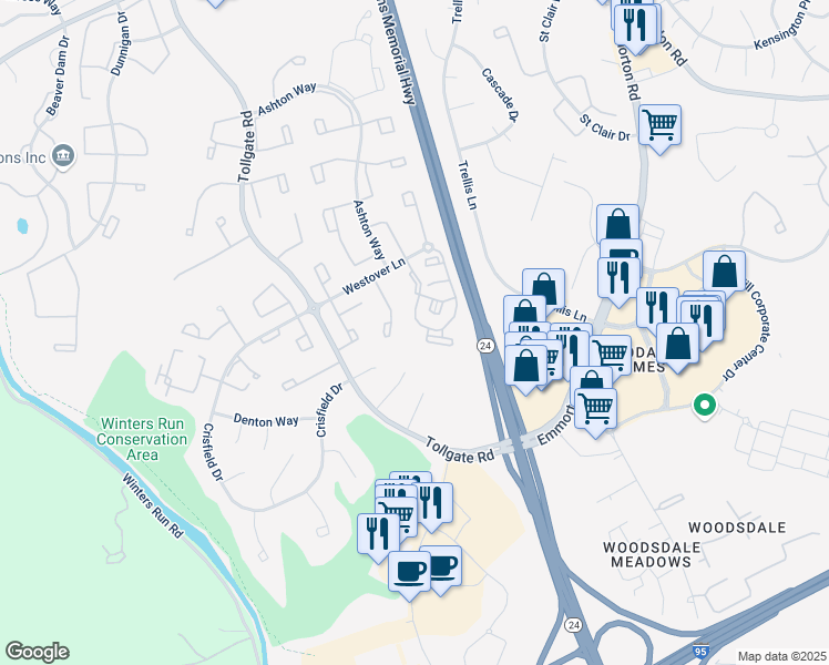 map of restaurants, bars, coffee shops, grocery stores, and more near 3500 Thomas Pointe Court in Abingdon