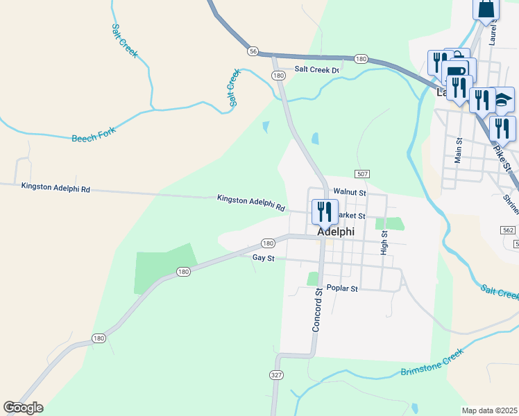 map of restaurants, bars, coffee shops, grocery stores, and more near 15413 Kingston Adelphi Road in Laurelville