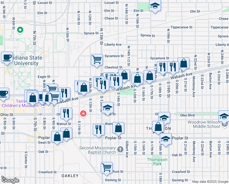 map of restaurants, bars, coffee shops, grocery stores, and more near 1355 Wabash Avenue in Terre Haute