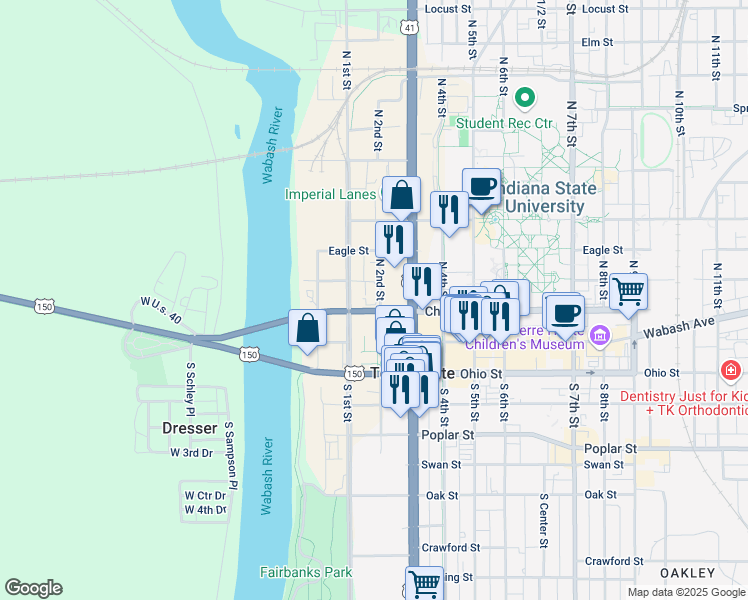 map of restaurants, bars, coffee shops, grocery stores, and more near 150 North 2nd Street in Terre Haute