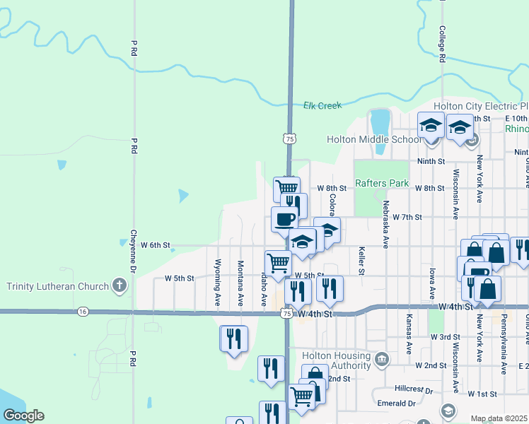 map of restaurants, bars, coffee shops, grocery stores, and more near 709 Idaho Ave in Holton