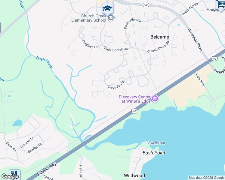 map of restaurants, bars, coffee shops, grocery stores, and more near 4307 Greys Run Circle in Belcamp