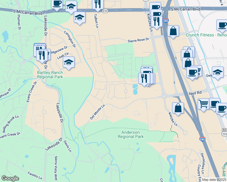 map of restaurants, bars, coffee shops, grocery stores, and more near 6001 Talbot Lane in Reno