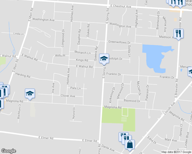 map of restaurants, bars, coffee shops, grocery stores, and more near 1145 Queens Road in Vineland