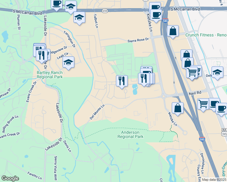 map of restaurants, bars, coffee shops, grocery stores, and more near 6001 Talbot Lane in Reno