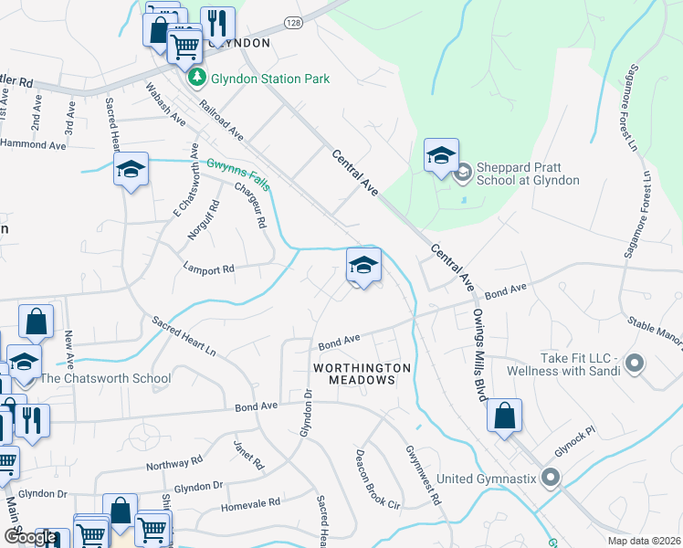 map of restaurants, bars, coffee shops, grocery stores, and more near 47 Black Oak Court in Reisterstown