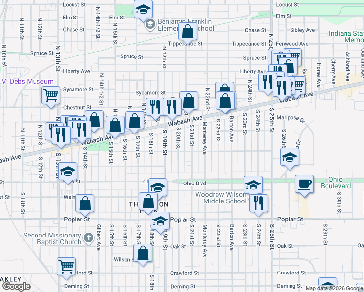 map of restaurants, bars, coffee shops, grocery stores, and more near 52 South 20th Street in Terre Haute