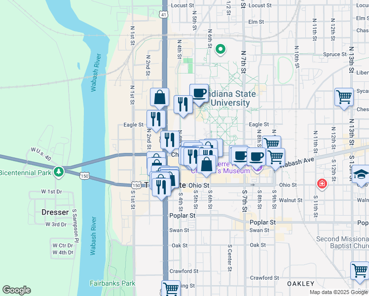 map of restaurants, bars, coffee shops, grocery stores, and more near 131 North 4th Street in Terre Haute