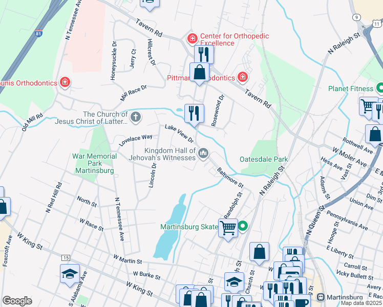 map of restaurants, bars, coffee shops, grocery stores, and more near 703 1/2 Thomas Lane in Martinsburg
