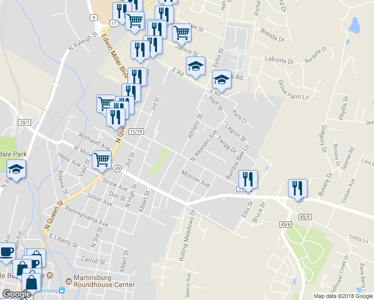 map of restaurants, bars, coffee shops, grocery stores, and more near 301 Athletic Street in Martinsburg