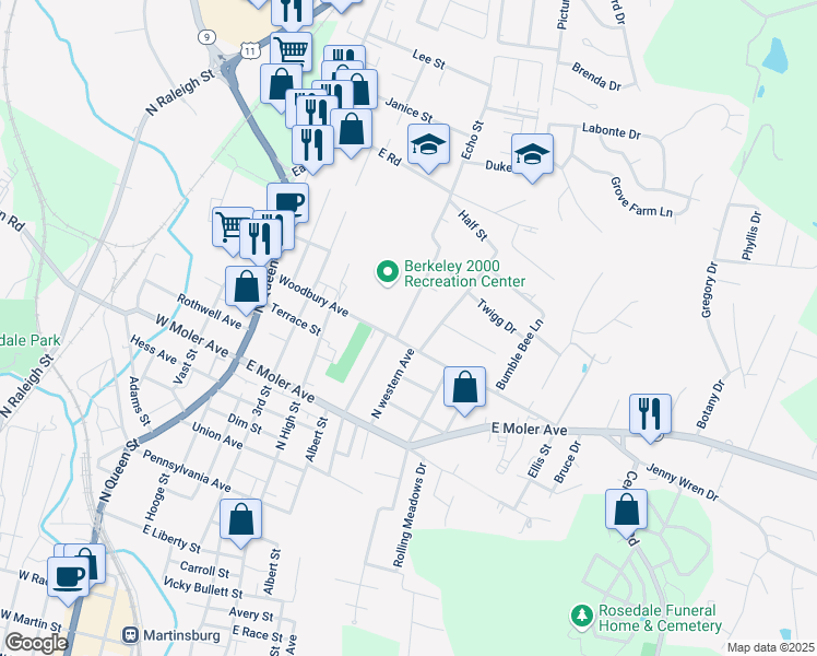 map of restaurants, bars, coffee shops, grocery stores, and more near 301 Athletic Street in Martinsburg