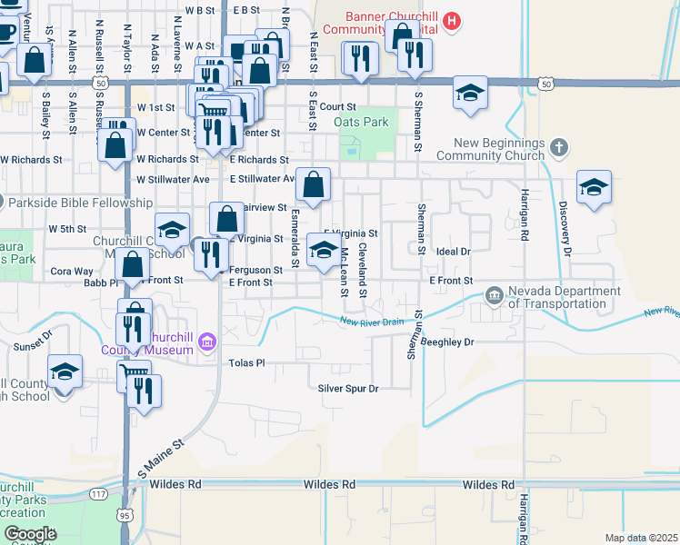 map of restaurants, bars, coffee shops, grocery stores, and more near 728 Mc Lean Street in Fallon