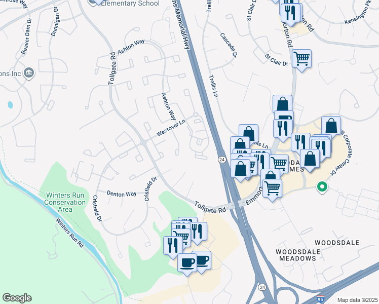 map of restaurants, bars, coffee shops, grocery stores, and more near 3500 Thomas Pointe Court in Abingdon