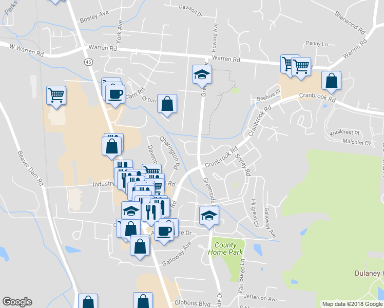 map of restaurants, bars, coffee shops, grocery stores, and more near 10206 Greenside Drive in Cockeysville
