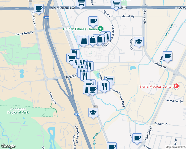 map of restaurants, bars, coffee shops, grocery stores, and more near 6450 South Virginia Street in Reno