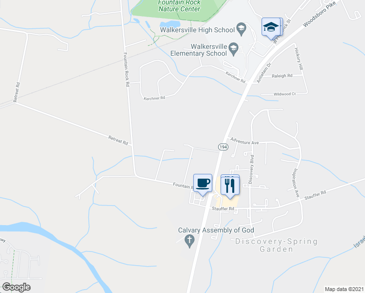 map of restaurants, bars, coffee shops, grocery stores, and more near 8516 Woodsboro Pike in Walkersville