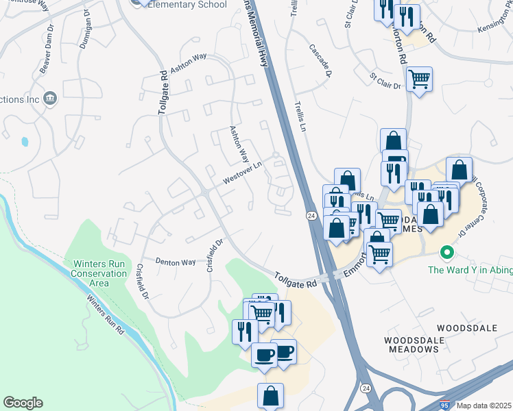 map of restaurants, bars, coffee shops, grocery stores, and more near 3449 Howell Court in Abingdon