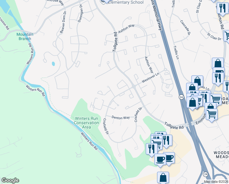 map of restaurants, bars, coffee shops, grocery stores, and more near 611 Stone Mill Court in Abingdon