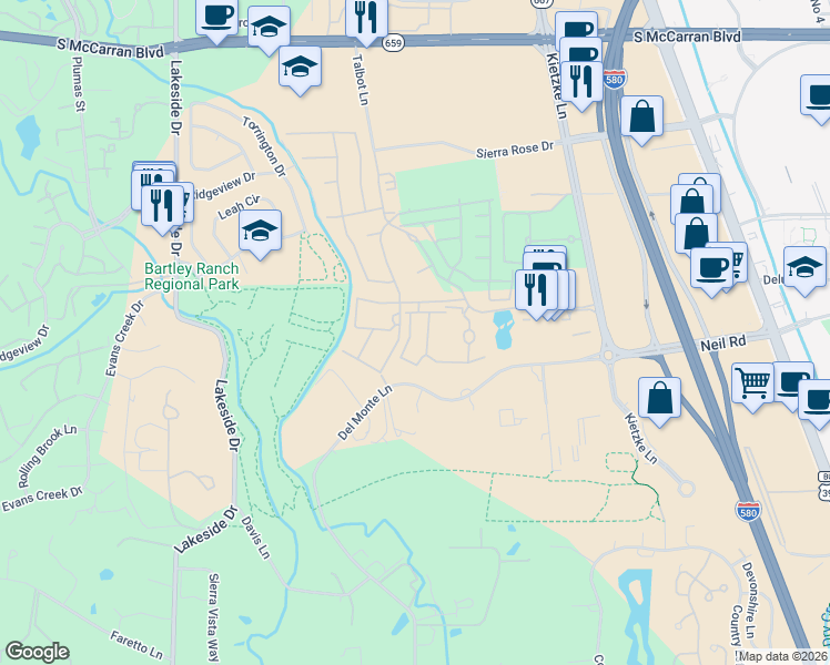map of restaurants, bars, coffee shops, grocery stores, and more near 6001 Talbot Lane in Reno