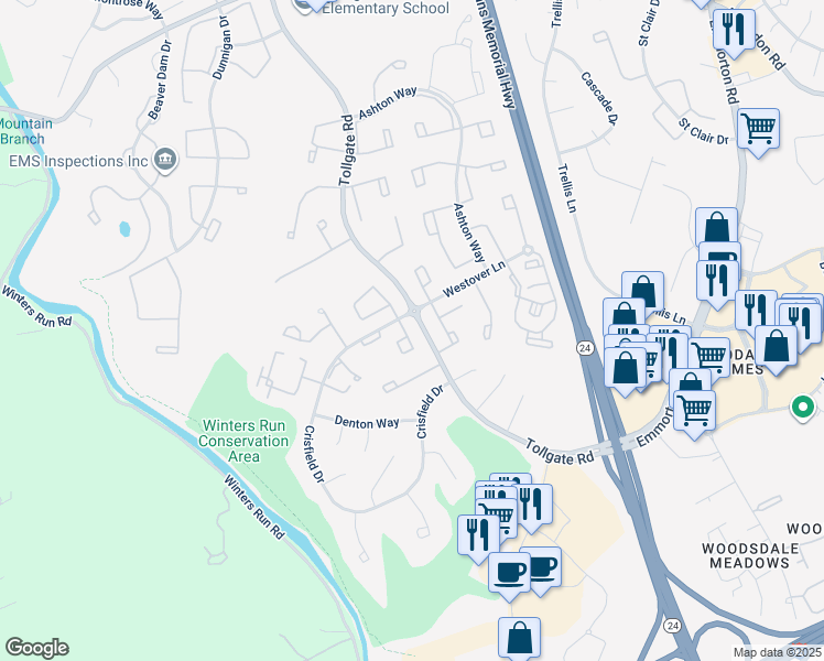 map of restaurants, bars, coffee shops, grocery stores, and more near 3609 Longridge Court in Abingdon
