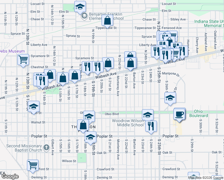 map of restaurants, bars, coffee shops, grocery stores, and more near 50 South 21st Street in Terre Haute