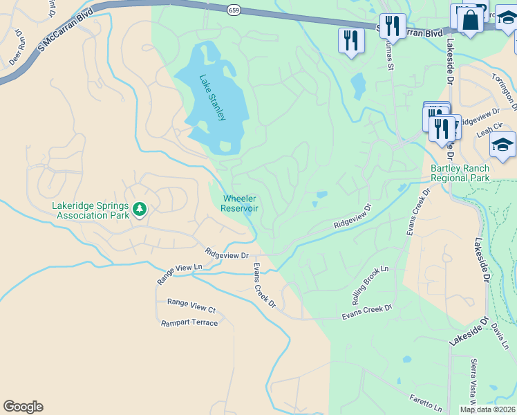 map of restaurants, bars, coffee shops, grocery stores, and more near 6096 Carriage House Way in Reno