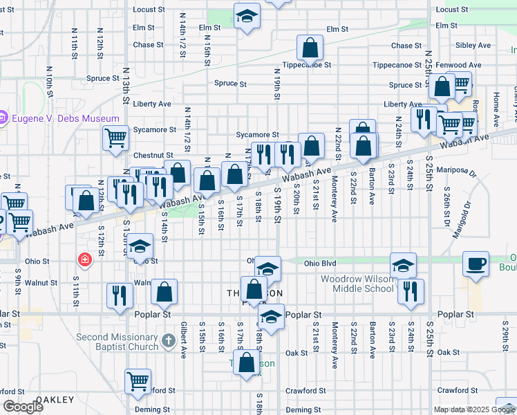 map of restaurants, bars, coffee shops, grocery stores, and more near 37 South 18th Street in Terre Haute