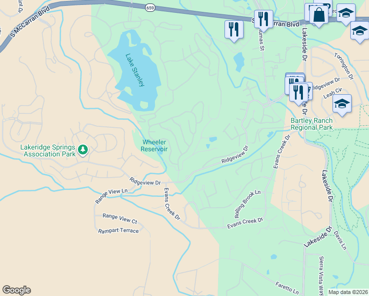 map of restaurants, bars, coffee shops, grocery stores, and more near 6192 Laurelwood Dr in Reno