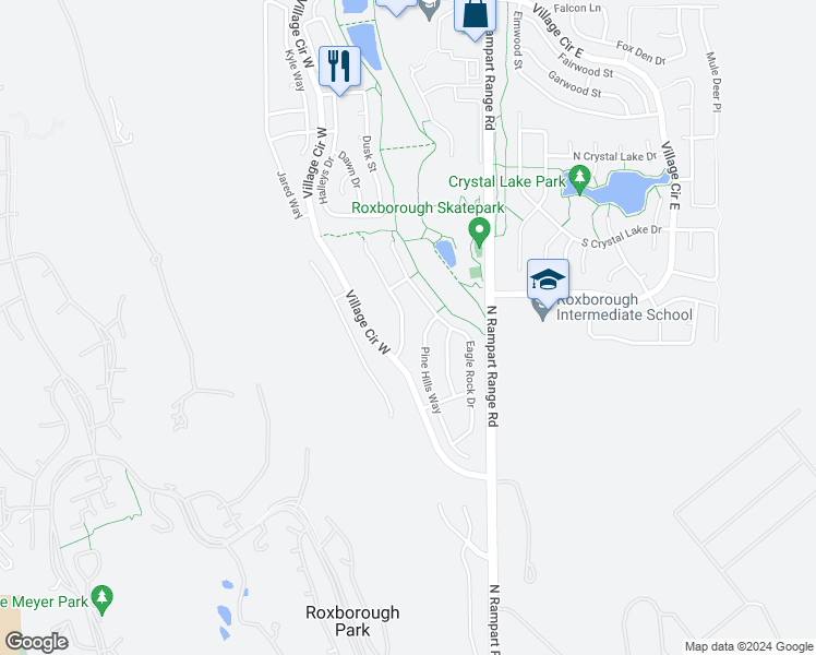 map of restaurants, bars, coffee shops, grocery stores, and more near 7320 Turkey Rock Road in Littleton