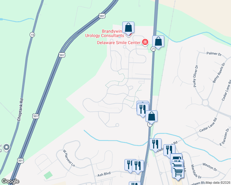 map of restaurants, bars, coffee shops, grocery stores, and more near 508 Whispering Trail in Middletown