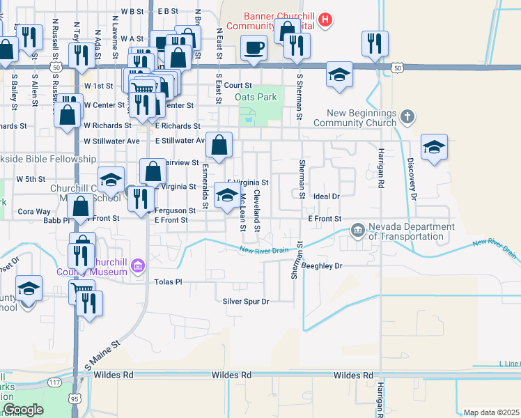 map of restaurants, bars, coffee shops, grocery stores, and more near 721 Cleveland Street in Fallon