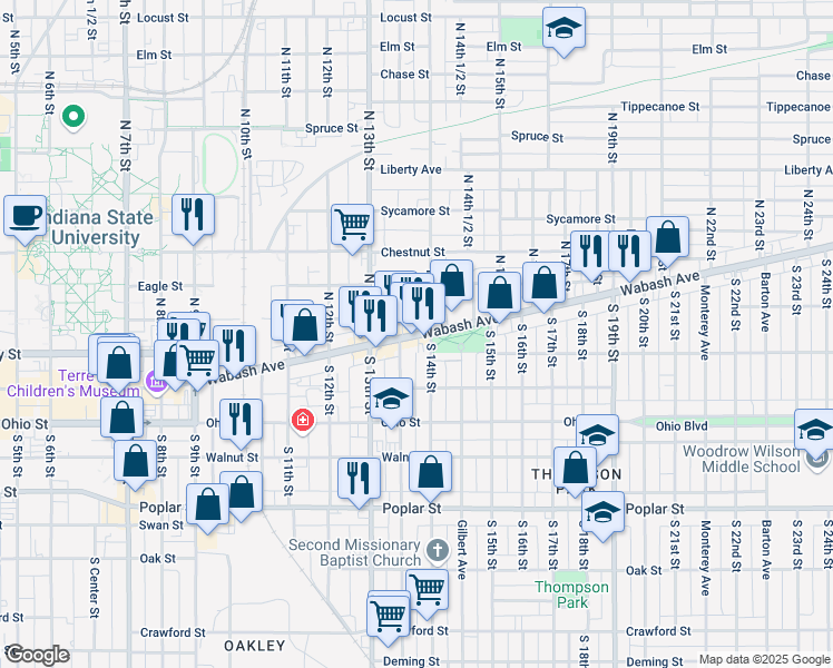 map of restaurants, bars, coffee shops, grocery stores, and more near 1355 Wabash Avenue in Terre Haute
