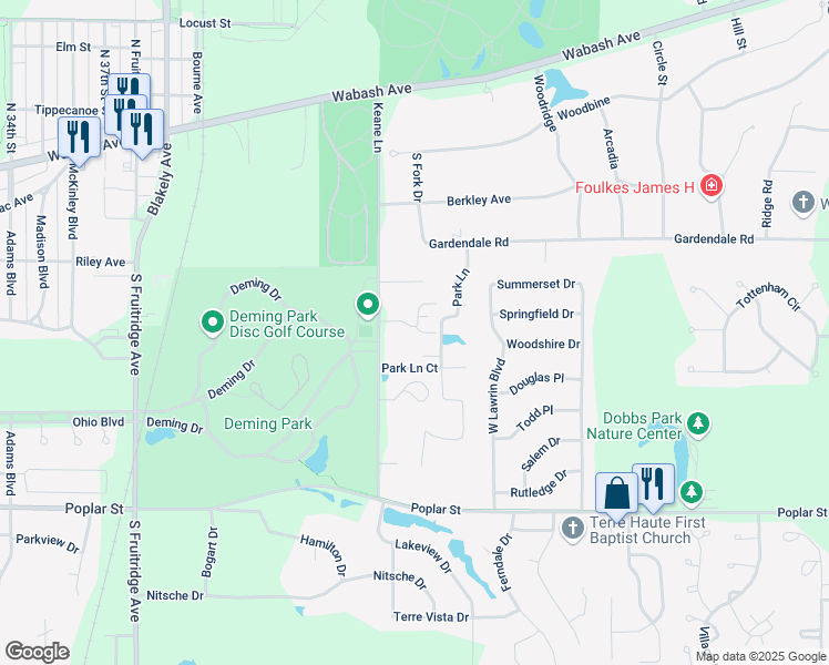 map of restaurants, bars, coffee shops, grocery stores, and more near 4425 Devonshire Court in Terre Haute