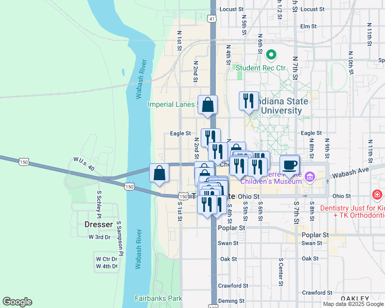 map of restaurants, bars, coffee shops, grocery stores, and more near 150 North 2nd Street in Terre Haute